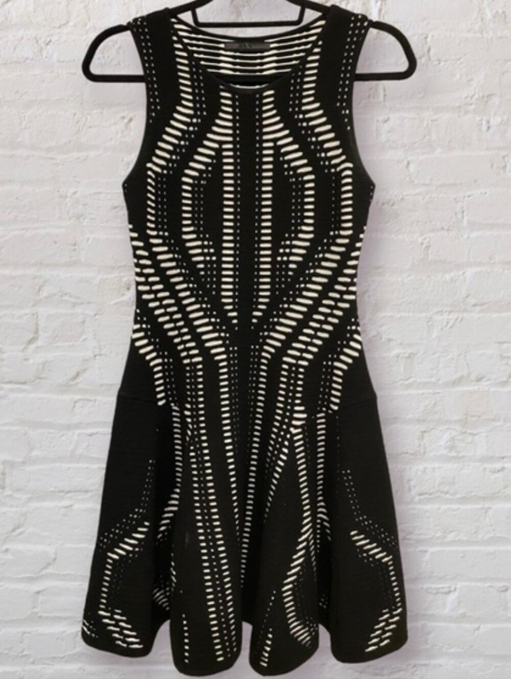 RVN Geometric Dress, Size XS, Illusion Knit, Flare Skirt Tank, Black White